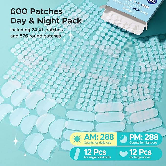 LitBear Pimple Patches for Face, 600 Counts Day and Night Acne Patches, Hydrocolloid Patches for Covering Zit and Blemishes, Large Breakouts, 5 Sizes Thin & Thick Spot Dots Stickers for Chin, Forehead
