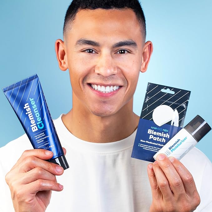 Hanhoo Men's Facial Care Kit, Blemish Cleanser 5.07 Fl. Oz., Blemish Moisturizer 2.02 Fl. Oz., Blemish Patch 36 Ct, with Bamboo, Hyaluronic Acid, and Green Tea, Men's Acne Skin Care Kit, Acne Regimen