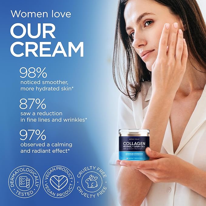 Collagen Cream for Face with Stem Cells Retinol Hyaluronic Acid Niacinamide for All Skin Types - Anti-Aging Face Moisturizer with Airless Pump - Day & Night Cream for Wrinkles - Made in USA 1.7 Oz