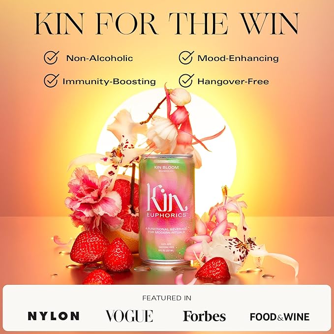 Kin Euphorics Kin Bloom Non-Alcoholic Functional Beverage | All day rosé | Elevate Your Mind & Spirit | Prebiotic | L-Theanine, Schisandra, Damiana | Ready to Drink | 8 Fl Oz (12pk)