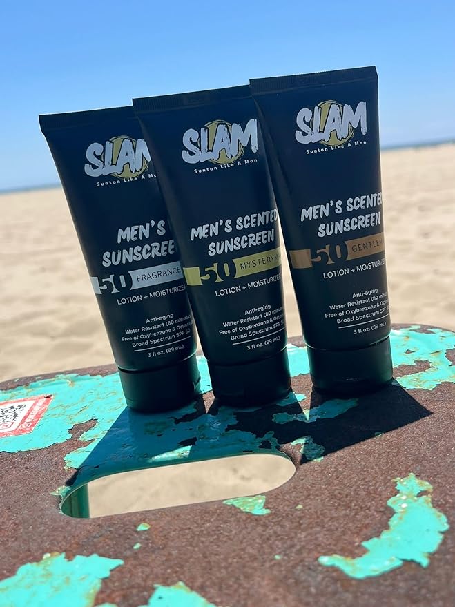 SLAM Men's Sunscreen Lotion SPF 50 & Moisturizer – Face & Body Sunblock, Anti-Aging, Water-Resistant, Hawaii Act 104 Safe, Skincare for Men, Scented & Unscented – 3 fl oz. each- Trio pack.