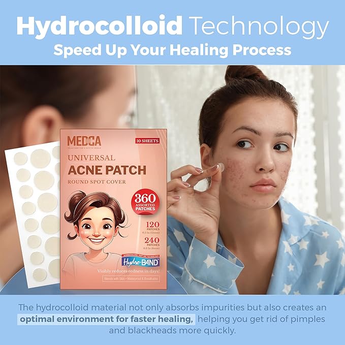 Acne Patches for Face - Hydrocolloid Bandages (360 Count) Pimple Patches for Face in 2 Universal Sizes, Acne Spot Treatment Care for Face & Skin Spot Patch Conceals Zits, Acne and Blackheads