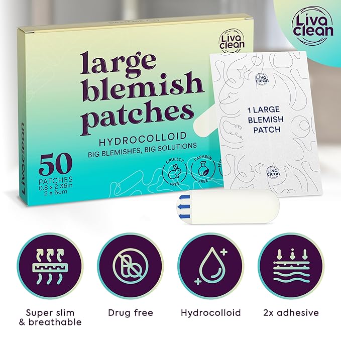 LivaClean LC πππ ππ, π ππππ€ Large Hydrocolloid Acne Patches - for Pore Spots Nose Face Cystic Pimple Zit Patch - Big Pimple Patches Hydrocolloid Bandages Strips Stickers Patch XL Large Acne