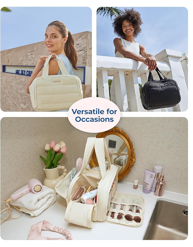 BAGSMART Travel Toiletry Bag, Lightweight Large Wide-open Travel Bag for Women, Puffy Cosmetic Makeup Bag Organizer with Handle for Accessories,Essentials, Toiletries, Beige