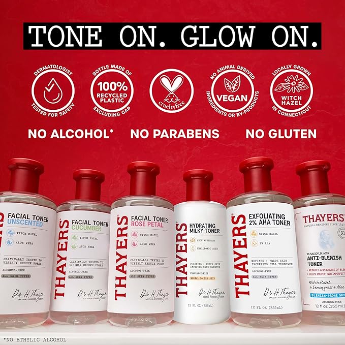Thayers 2% AHA Exfoliating Toner with Glycolic Acid, Lactic Acid and Witch Hazel, Smoothing and Pore Refining Skin Care for All Skin Types, 12 Fl Oz