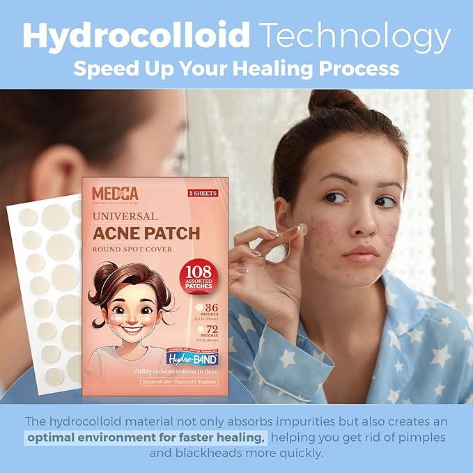 Acne Patches for Face - Hydrocolloid Bandages (108 Count) Pimple Patches for Face in 2 Universal Sizes, Acne Spot Treatment Care for Face & Skin Spot Patch Conceals Zits, Acne and Blackheads