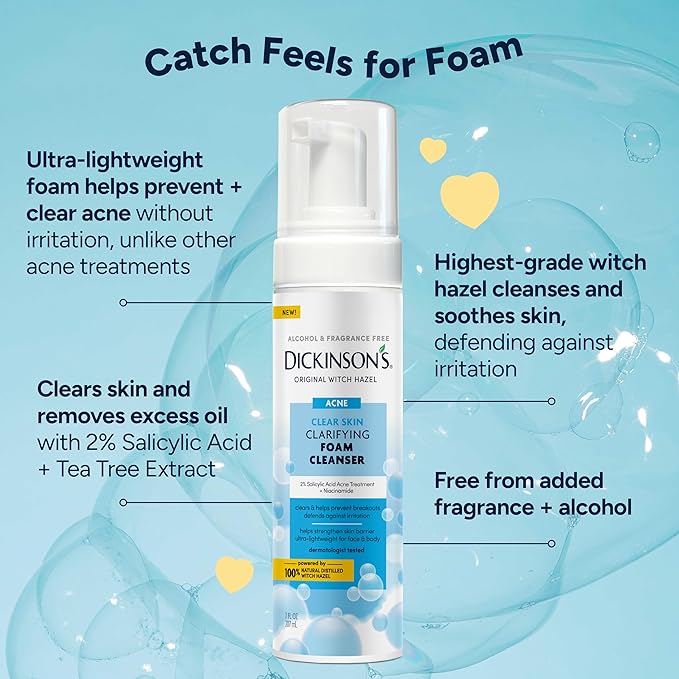 Dickinson's Witch Hazel Acne Foam Cleanser with 2% Salicylic Acid, Niacinamide & Tea Tree | Alcohol-Free, Fragrance-Free | Gentle Daily Face Wash for Clear Skin | 7 Fl Oz