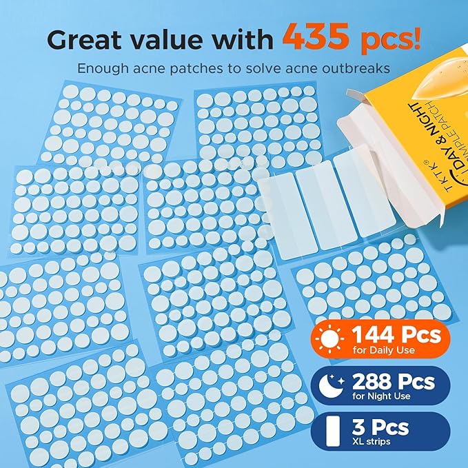 TKTK Bulk Pimple Patches for Face, 435 Patches 4 Size Acne Patches Day and Night, Hydrocolloid Patch Thin & Thick Pimple Stickers for Covering Zits, Blemishes and Breakouts
