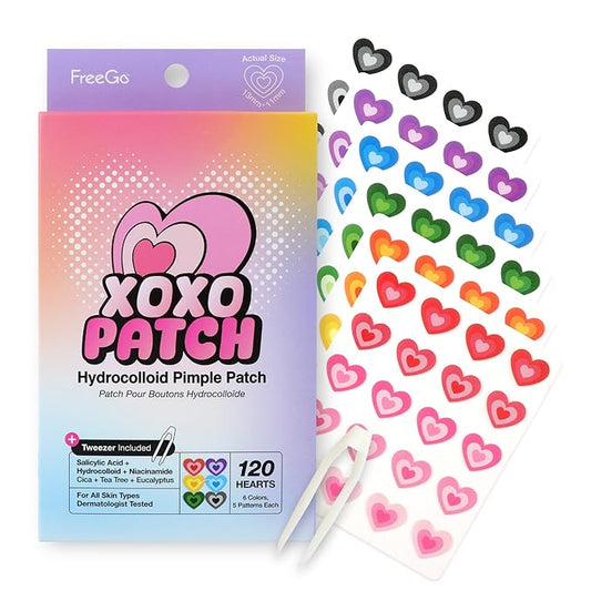 FreeGo XOXO Hydrocolloid Pimple Patch, 120 Counts | Cute Colorful Heart Shape | Salicylic Acid, Niacinamide, CICA, Tea Tree, Eucalyptus | Absorb, Heal Pimple and Protect Skin