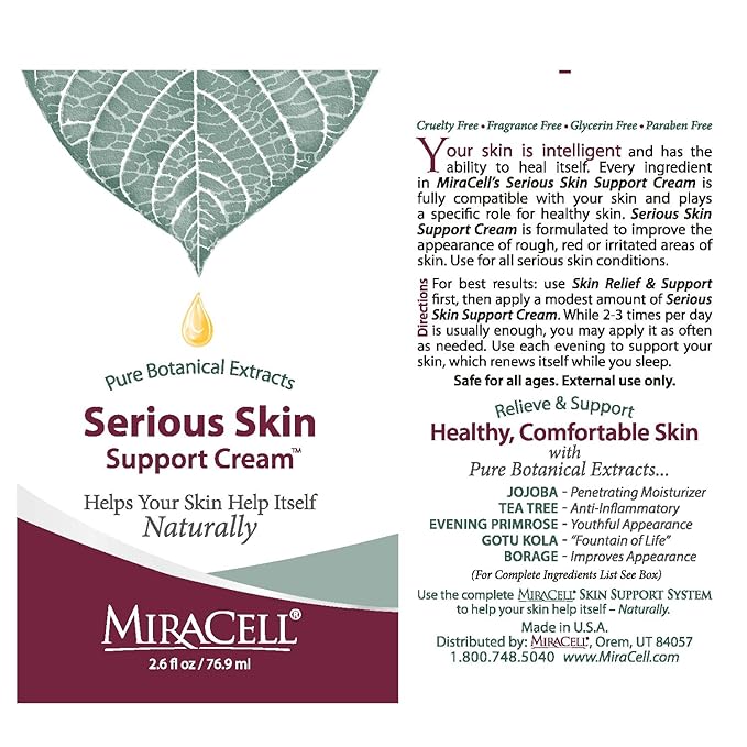 Miracell Serious Skin Support Cream 2.6 oz, moisturizing for psoriasis, eczema, rosacea, rashes, all skin conditions.