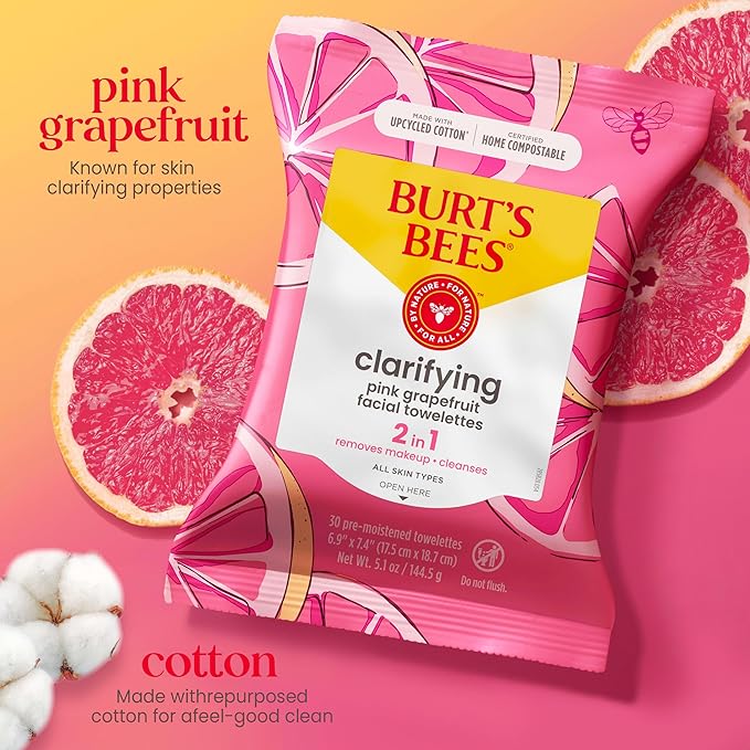 Burt's Bees Back To School Dorm Essentials, Pink Grapefruit Face Wipes, for All Skin Types, Hydrating Makeup Remover & Facial Cleansing Towelettes, 30 Ct. (3-Pack)