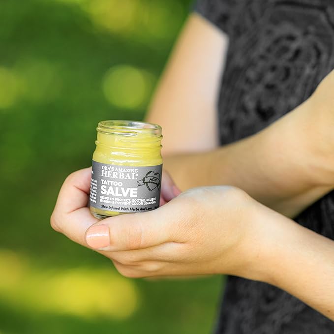 Ora's Amazing Herbal Tattoo Salve, Tattoo Aftercare Balm, Paraben Free Healing OIntment For New Tattoos, Brightening Moisturizer For Old Ink, Itchy Tattoo Relief Cream, Plastic Free, 1 oz Travel Size