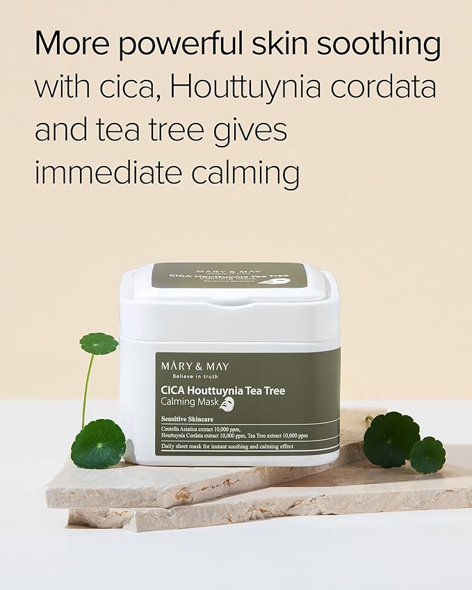 Mary&May CICA Houttuynia Tea Tree Calming Mask - Daily Pull Out Sheet Mask for Instant Soothing & Moisturizing - Korean Skincare, Hypoallergenic and Cruelty-Free, 30 Sheets