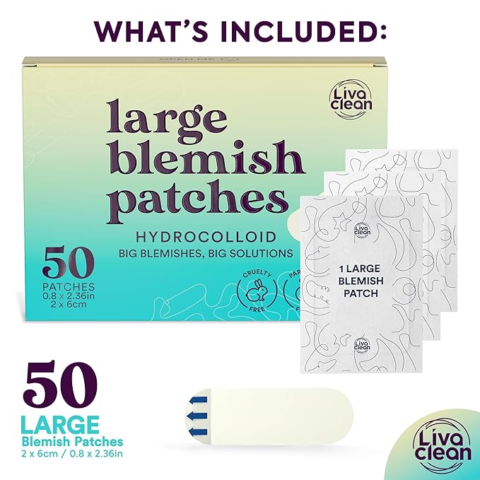 LivaClean 50CT Large Hydrocolloid Acne Patches - for Pore Spots Nose Face Cystic Pimple Zit Patch - Big Pimple Patches Hydrocolloid Bandages Strips Stickers Zit Patch XL