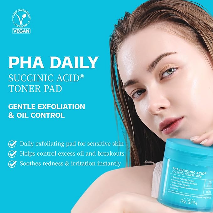 Re.SPN PHA Succinic Acid Calming Toner Pads – Daily Exfoliating, Hydrating and Soothing with CICA, Caffeine, Non-comedogenic, Vegan, Glass Skin, K-Beauty (70 Count)