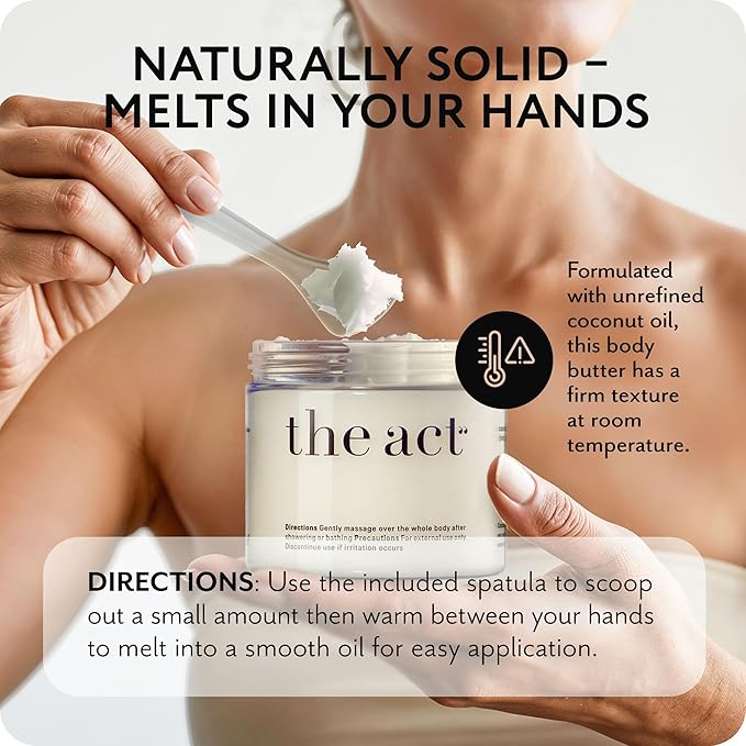 THE ACT Solid Coconut Body Butter β Organic Vegan Moisturizer with Shea & Almond Oils β Melts in Hands β Massage Balm for Dry Skin β Natural Skincare for Women & Men β 6 oz with Spatula