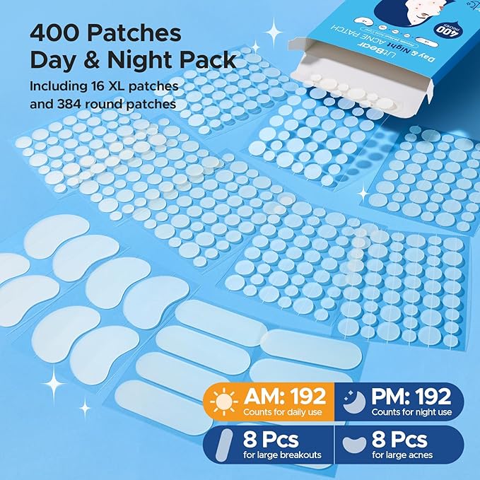 LitBear Pimple Patches for Face, 400 Counts Day and Night Acne Patches, Hydrocolloid Patches for Covering Zit and Blemishes, Large Breakouts, 5 Sizes Thin & Thick Spot Dots Stickers for Chin, Forehead