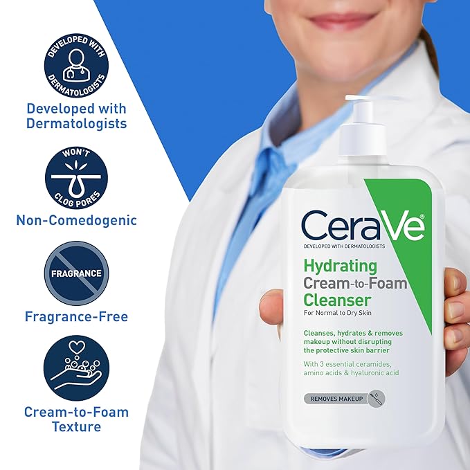 CeraVe Hydrating Cream To Foam Cleanser, Makeup Remover Face Wash For Dry Skin, Foaming Facial Cleanser With Hyaluronic Acid, Normal To Dry Skin, Fragrance Free & Non Comedogenic, 8 Fluid Ounces
