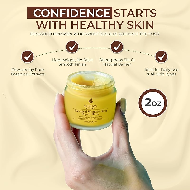 Organic Botanical Womenβs Skin Repair Balm β 97% Reported Improvement for Acne, Sunburn & Dryness β Day & Night Anti-Aging Collagen Boost Moisturizer for Face, Neck & DΓ©colletΓ© β Glow Scent, 2oz