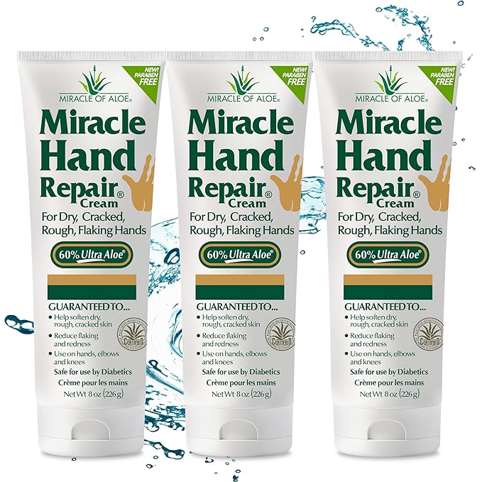 Miracle of Aloe’s Miracle Hand Repair Cream 8 oz Healing Aloe Vera Lotion for Dry, Cracked Hands with 60% Ultra Aloe Gel - Moisturizes, Softens, and Repairs - Non-Greasy (3-Pack)
