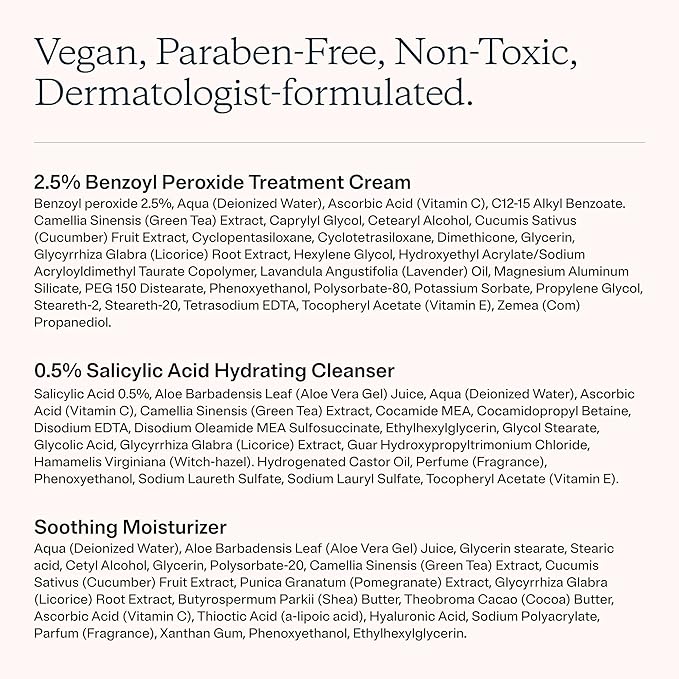 MDacne 3 Step Benzoyl Peroxide Acne Kit - Benzoyl Peroxide Cream 2.5%, Salicylic Acid Cleanser, Niacinamide Moisturizer - Medicated Plant-Based kit for Adult & Teen Acne, 60 Day Kit + Pimple Patches