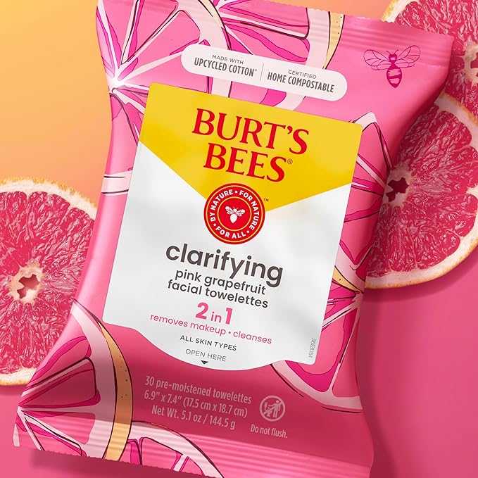 Burt's Bees Back To School Dorm Essentials, Pink Grapefruit Face Wipes, for All Skin Types, Hydrating Makeup Remover & Facial Cleansing Towelettes, 30 Ct. (3-Pack)