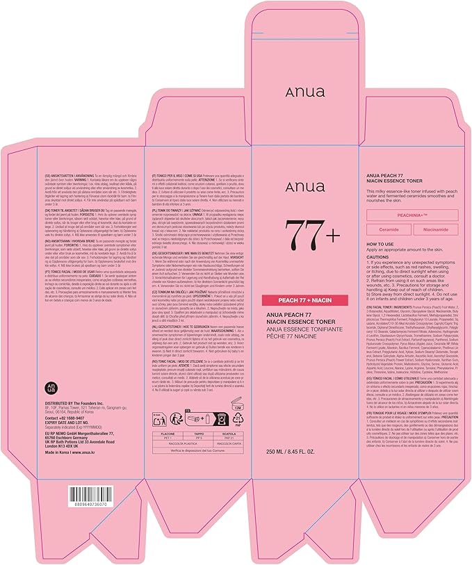 Anua Peach 77 Niacin Essence Toner 250ml / Brightening Toner for Face, Niacinamide, Panthenol, Ceramides, Facial Toner for Glass Skin, Korean Skin Care (8.45 fl.oz.)