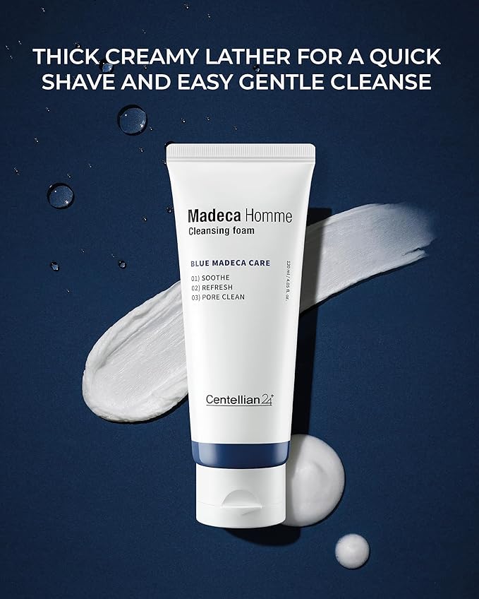 CENTELLIAN 24 Homme Cleansing Foam with TECA and Centella Asiatica for Soothing, Refreshing, and Pore-Cleaning - Gentle Daily Face Wash & Shave for Men for Sensitive Acne Prone Oily Skin (4.05 fl oz)
