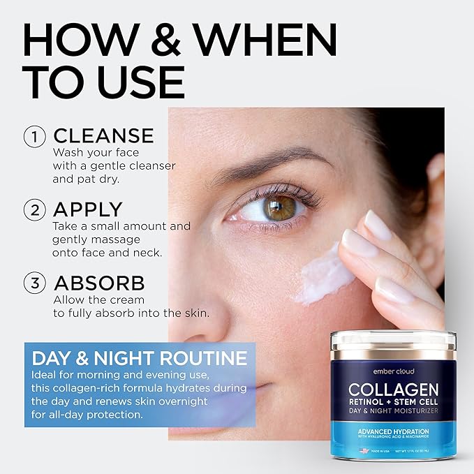 Collagen Cream for Face with Stem Cells Retinol Hyaluronic Acid Niacinamide for All Skin Types - Anti-Aging Face Moisturizer with Airless Pump - Day & Night Cream for Wrinkles - Made in USA 1.7 Oz