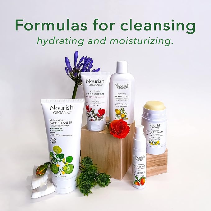 Nourish Organic Moisturizing Face Cleanser for All Skin Types, Watercress + Cucumber Face Wash, Fragrance-Free (6 Oz) + Washable Cotton Round