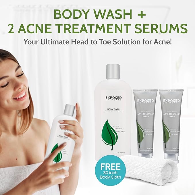 Exposed Skin Care Body Acne Kit – Dual Acne Treatment Serums + Body Wash and Exfoliating Body Cloth – Powerful System Eliminates Pimples and Breakouts to Quickly Clear Back and Body Acne