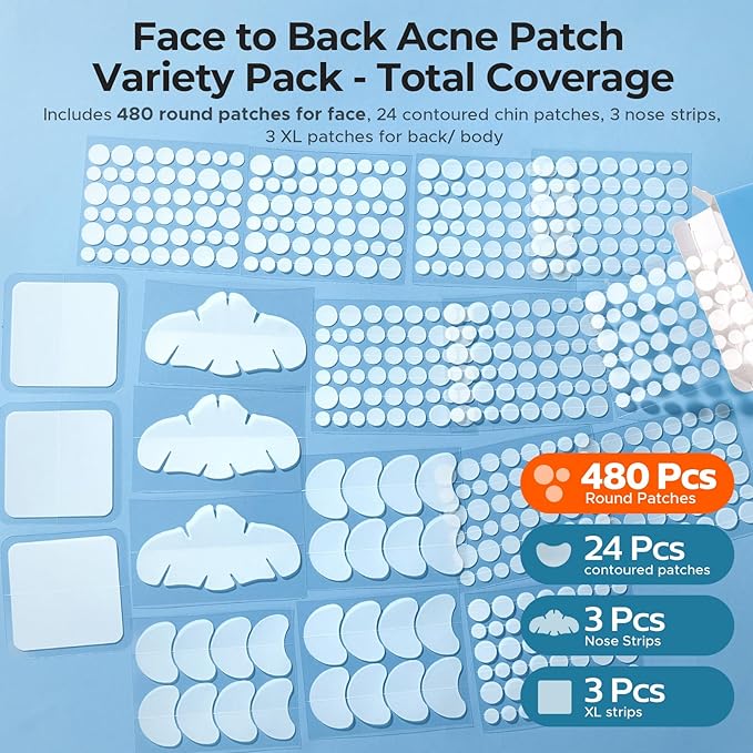 TKTK Pimple Patches for Face, 6 Sizes Hydrocolloid Acne Patch Variety, Large Acne Stickers for Cheeks, Forehead, Chin, Nose, Back Blemishes Zit Breakouts (4 Shapes 510 Count)