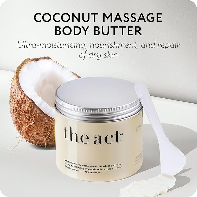 THE ACT Solid Coconut Body Butter β Organic Vegan Moisturizer with Shea & Almond Oils β Melts in Hands β Massage Balm for Dry Skin β Natural Skincare for Women & Men β 6 oz with Spatula