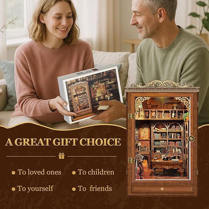 Book Nook Kit, DIY Mini Vintage Library for Stress Relief, 3D Wooden Puzzle Bookshelf Decor with Dust Cover, Gifts for Adults Teens, Book Lovers- Time Book House(SQ-47)