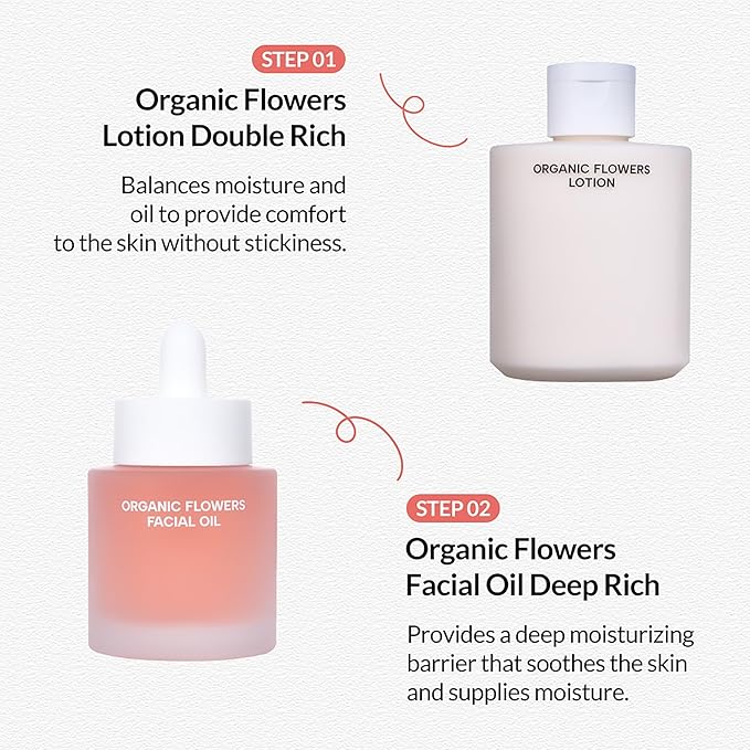 Whamisa Organic Flowers Deep Rich Facial Oil, Hydrating Watery Formula with Fermented Ingredients & Postbiotics, Nourishing, Glowing Hydration (32ml)