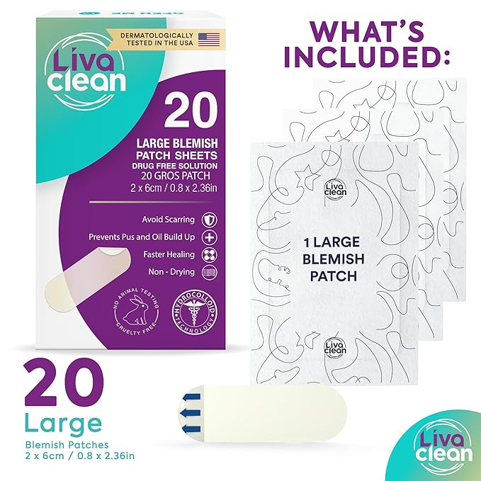20 CT LivaClean Large Hydrocolloid Acne Patches - for Pore Spots Nose Face Cystic Pimple Zit Patch - Big Pimple Patches Hydrocolloid Bandages Strips