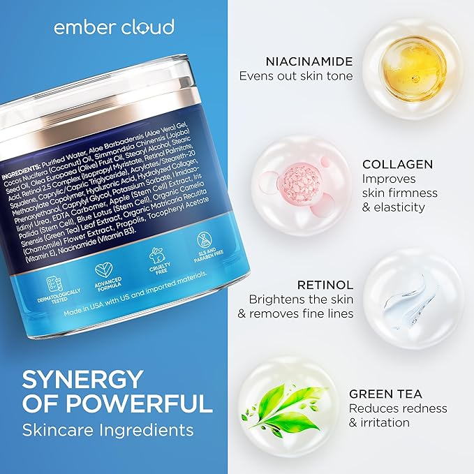 Collagen Cream for Face with Stem Cells Retinol Hyaluronic Acid Niacinamide for All Skin Types - Anti-Aging Face Moisturizer with Airless Pump - Day & Night Cream for Wrinkles - Made in USA 1.7 Oz