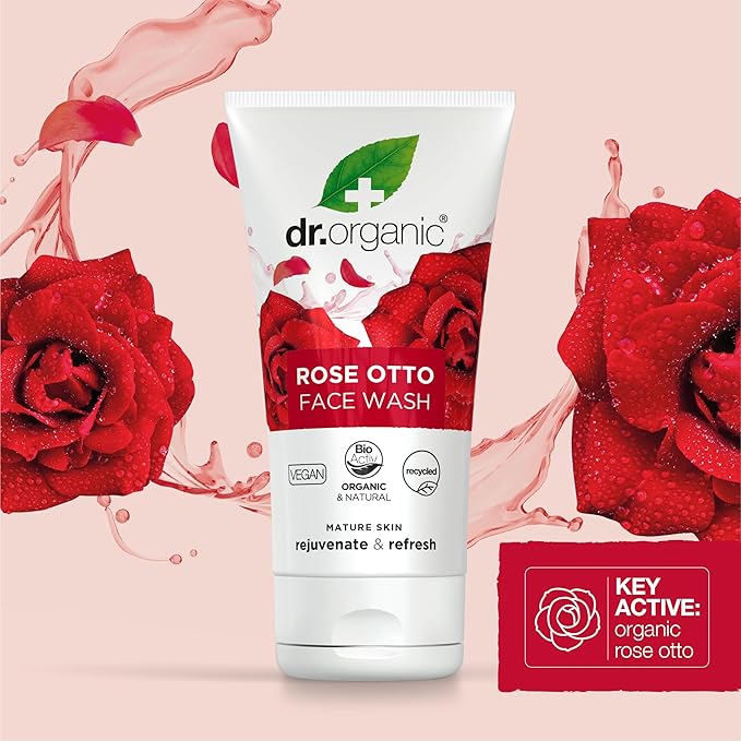 Dr. Organic Rose Otto Face Wash | Cleanses and Rejuvenates Skin, Promotes Radiance, Natural, Certified Organic, Paraben & SLS-Free, 150 mL / 5.1 fl oz