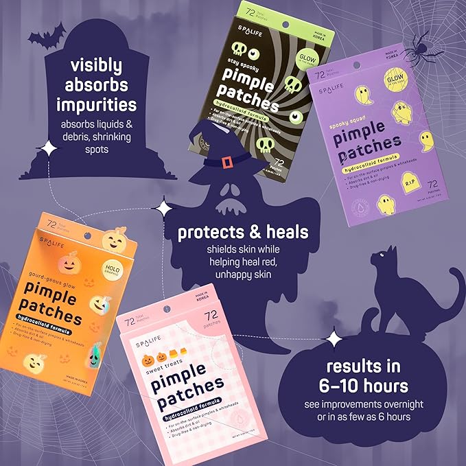 SpaLife Beauty Glow in the Dark Halloween Pimple Patches for Face | Korean Hydrocolloid Zit Patches for Face | Pimple Stickers Halloween Gifts for Women | Blemish Patch | Cute Acne Patch | 288 Count