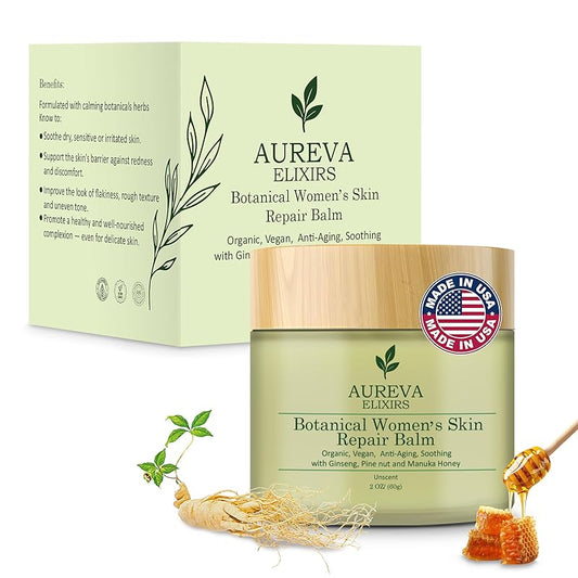 Botanical woman’s skin repair balm – Anti-Aging Moisturizer for Face, Body, Neck & Décolleté – Soothes Redness, Dryness, Itchy Skin – Calendula, Chamomile, Ginseng – 2oz Unscented