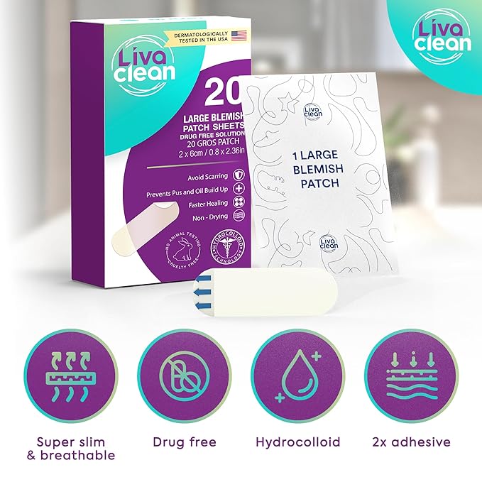 20 CT LivaClean Large Hydrocolloid Acne Patches - for Pore Spots Nose Face Cystic Pimple Zit Patch - Big Pimple Patches Hydrocolloid Bandages Strips