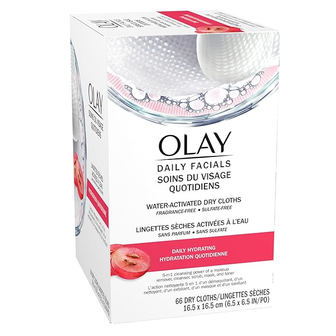 Olay Daily Facials, Daily Clean Makeup Removing Facial Cleansing Wipes, 5-in-1 Water Activated Cloths, Exfoliates, Tones and Hydrates Skin, 66 count
