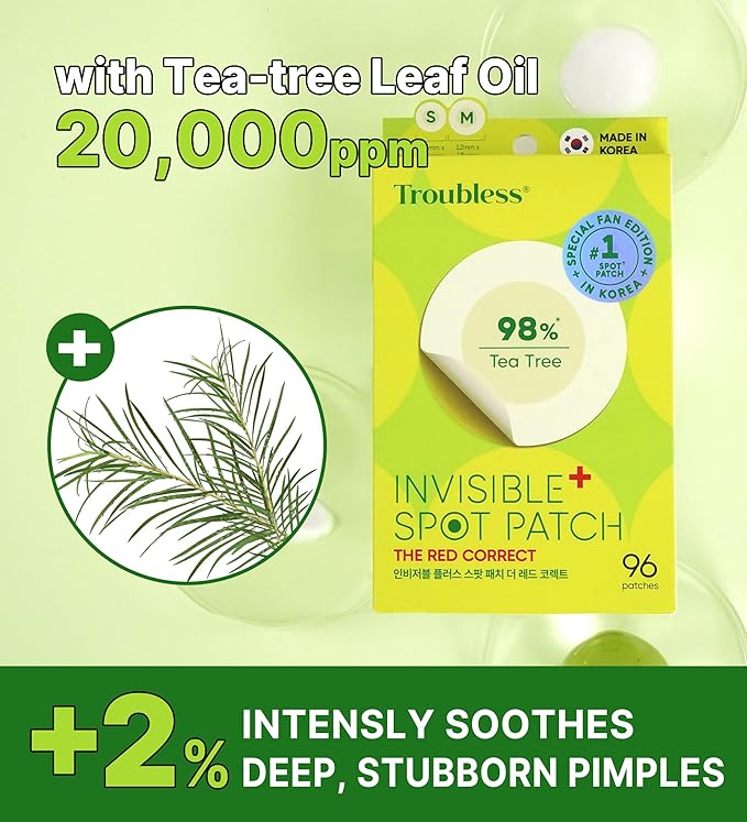 Troubless Invisible Plus Spot Patch The Red Correct - Thin Hydrocolloid w/ 98% Tea Tree Extract for Redness - High-Absorption, Seamless Adhesion & Easy-Wear Zit Patches for Face (96 ea)