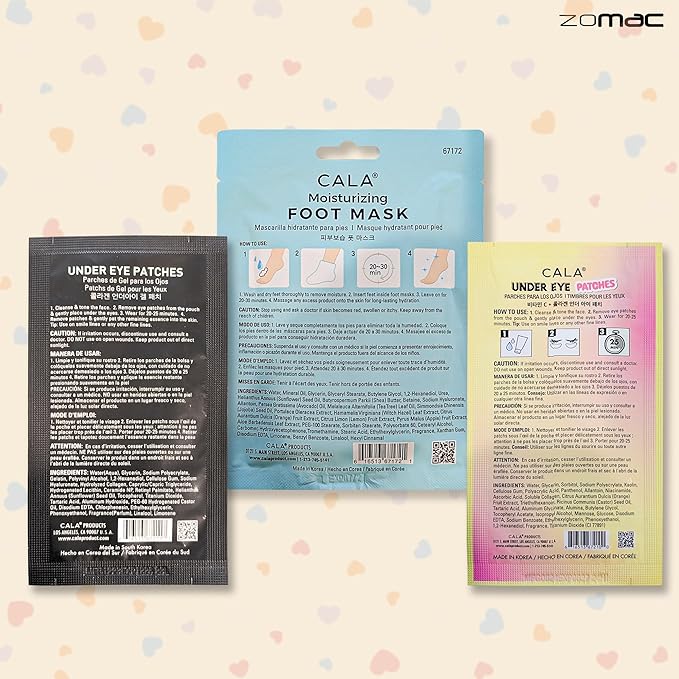 Face Mask Gift Set -10 Items- Cala Collagen, Cucumber, Aloe Vera, Vitamin C, and Hyaluronic Acid Face Masks, Eye Patches, and Foot Masks. Includes Gift Bag and Custom Shower Cap.
