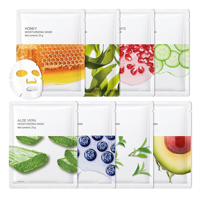 8PCS Face Masks Variety Set,Soft Long Lasting Hydrating Sheet Mask,Moisturizing Face Masks Skincare Set,Facial Mask Skin Care Gift Set Suitable for All Skin Types