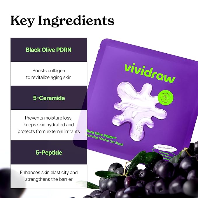 Black Olive PDRN™ Repairing Marble Gel Mask (4EA) | Real Hydrogel Korean Face Masks with Skin Barrier Repair Cream & Serum | Deep Hydration with Ceramides, Redness Relief, 24-Hour Radiance