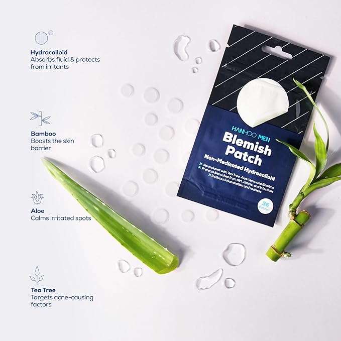 Hanhoo Men's Facial Care Kit, Blemish Cleanser 5.07 Fl. Oz., Blemish Moisturizer 2.02 Fl. Oz., Blemish Patch 36 Ct, with Bamboo, Hyaluronic Acid, and Green Tea, Men's Acne Skin Care Kit, Acne Regimen