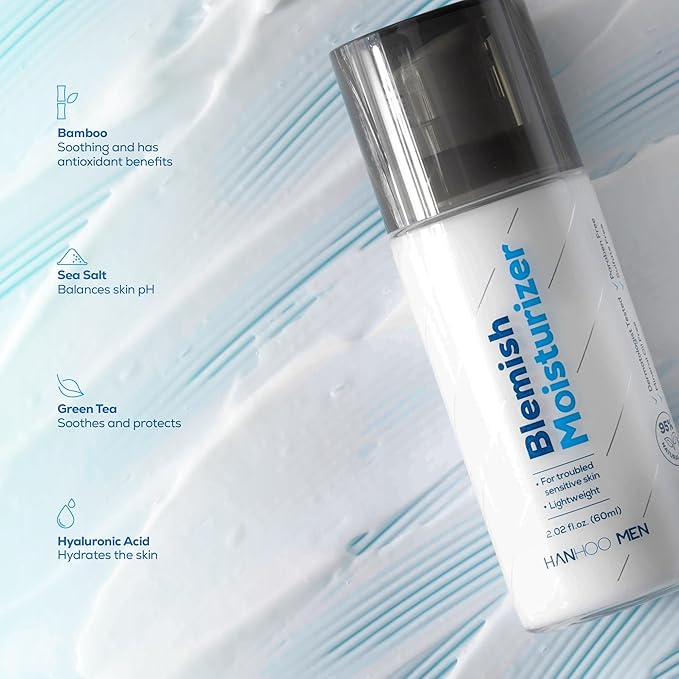 Hanhoo Men's Facial Care Kit, Blemish Cleanser 5.07 Fl. Oz., Blemish Moisturizer 2.02 Fl. Oz., Blemish Patch 36 Ct, with Bamboo, Hyaluronic Acid, and Green Tea, Men's Acne Skin Care Kit, Acne Regimen