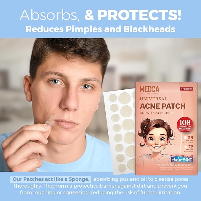 Acne Patches for Face - Hydrocolloid Bandages (108 Count) Pimple Patches for Face in 2 Universal Sizes, Acne Spot Treatment Care for Face & Skin Spot Patch Conceals Zits, Acne and Blackheads