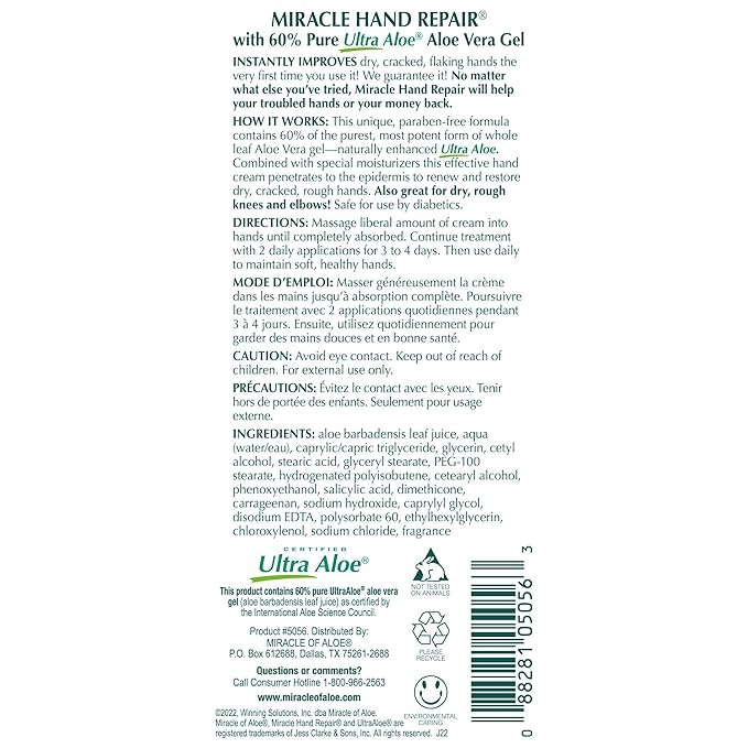 Miracle of Aloe’s Miracle Hand Repair Cream 4 oz Healing Aloe Vera Lotion for Dry, Cracked Hands with 60% Ultra Aloe Gel - Moisturizes, Softens, and Repairs - Non-Greasy (2-Pack)